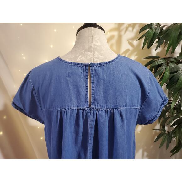 Old Navy Womens Embroidered Floral Chambray Denim Dress Size L Cottage Boho Blue - Picture 6 of 10
